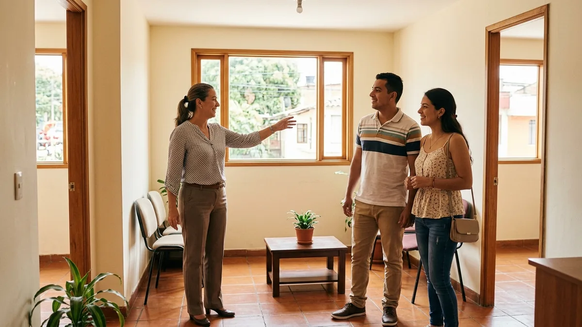 Agente inmobiliario mostrando un apartamento a una pareja joven en Colombia
