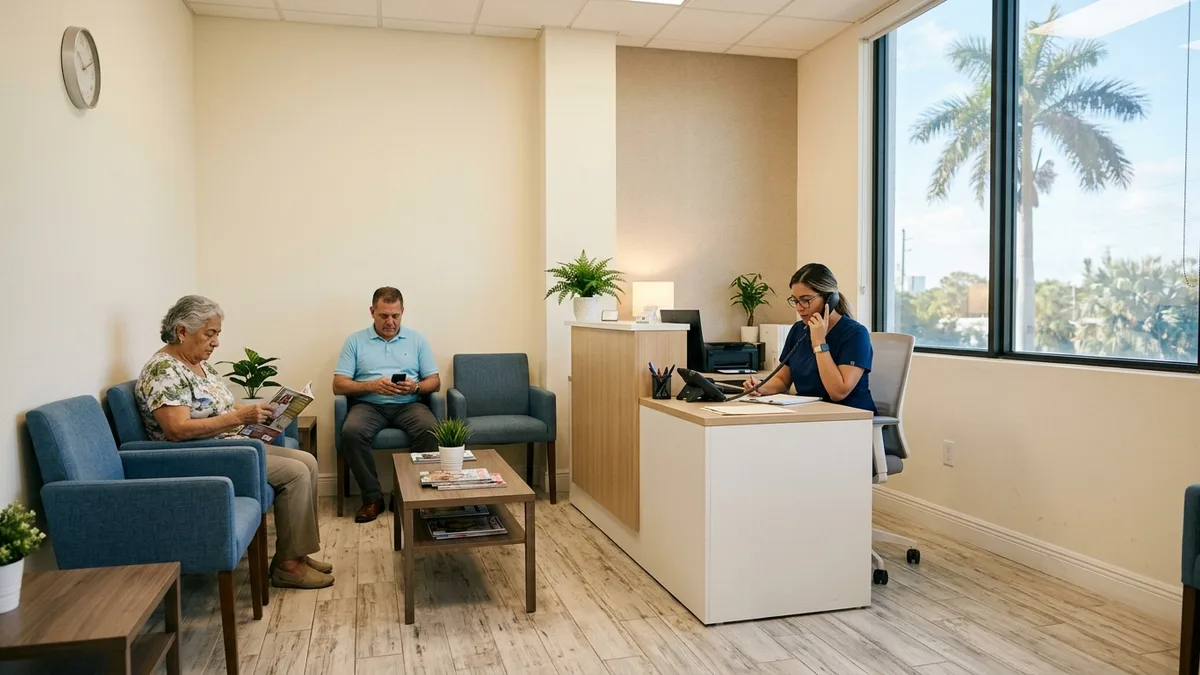 Reception area of a small medical practice in Miami, with warm natural light and a palm tree visible through the window