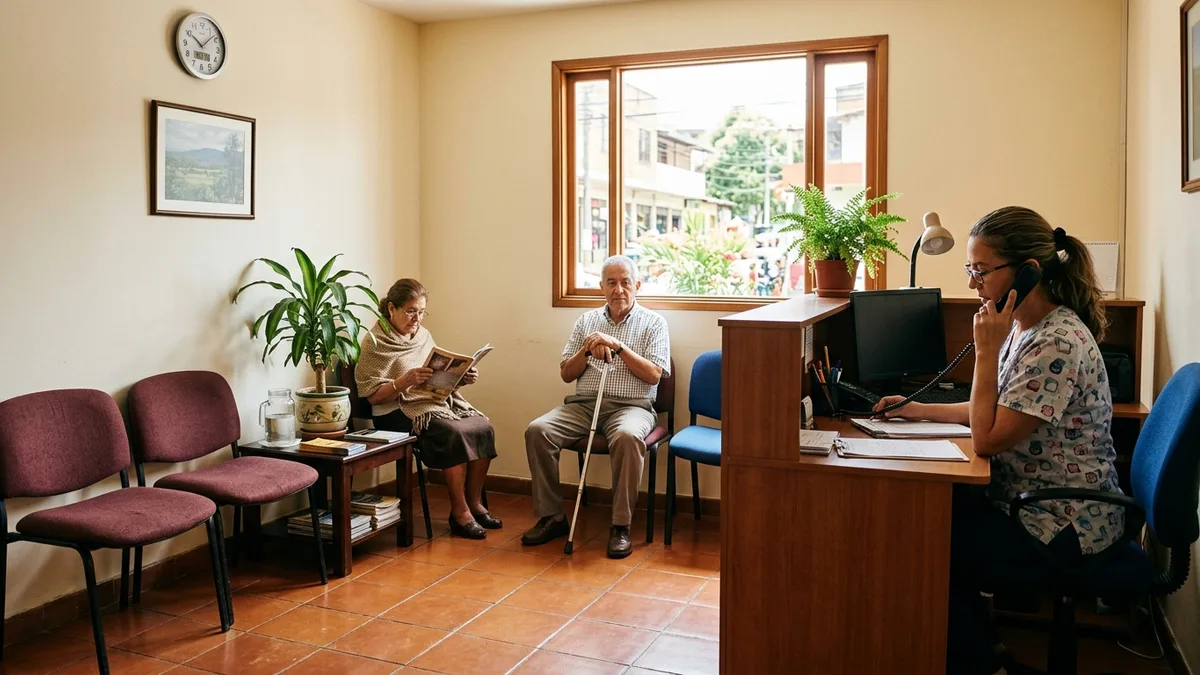Recepción de un consultorio médico pequeño en Colombia, con luz natural cálida y sillas de espera