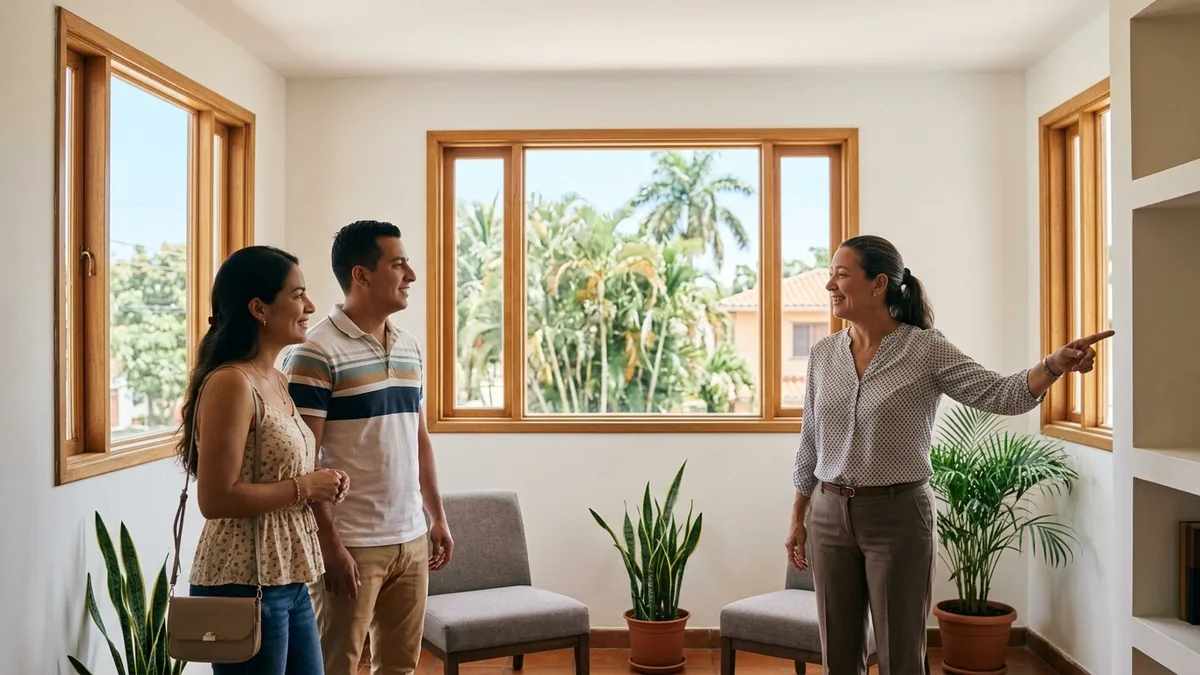 Real estate agent showing a home to a couple in South Florida, with palm trees visible outside