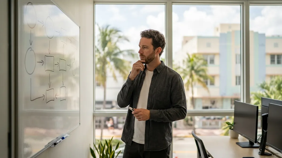 Small business owner in a Miami office looking at a whiteboard with a process diagram, South Beach Art Deco buildings and palm trees visible through the window