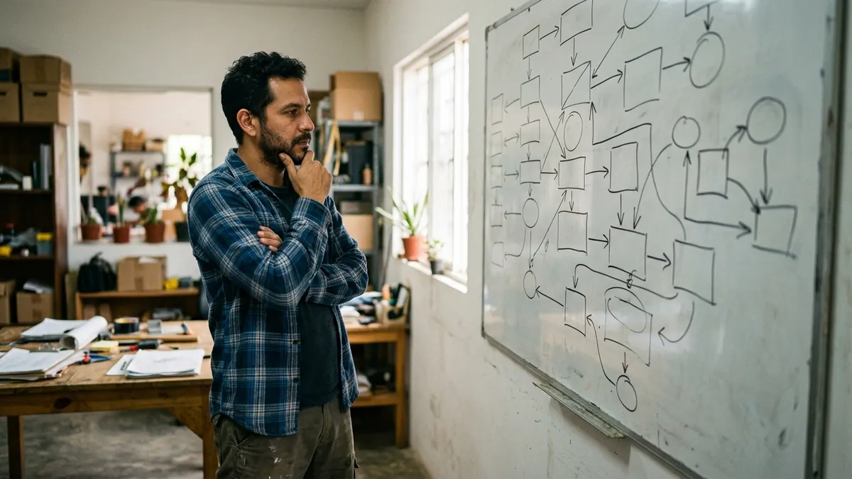 Dueño de un pequeño negocio colombiano pensativo frente a un tablero con un diagrama de proceso dibujado