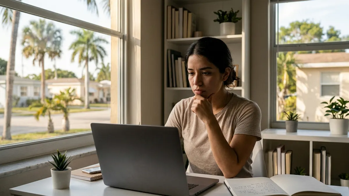 Small business owner in Miami thinking in front of her laptop, planning how to follow up with her contacts