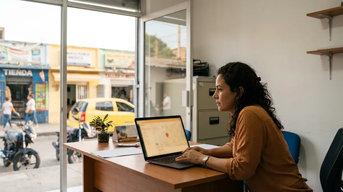 Emprendedora colombiana pensativa frente a su laptop, planeando el seguimiento a sus contactos