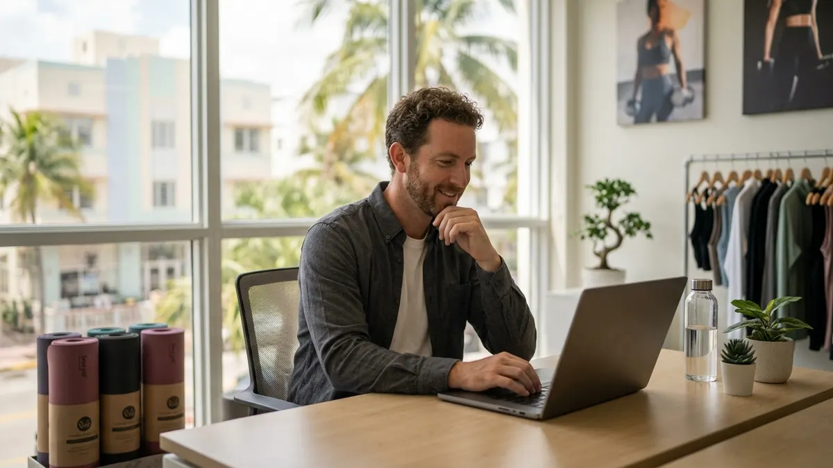 Boutique business owner in Miami smiling at his laptop as his automated system handles customer follow-up, palm trees visible through the office window