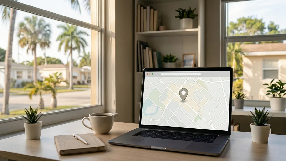 Laptop showing a map with a business location pinned, on a small Miami office desk