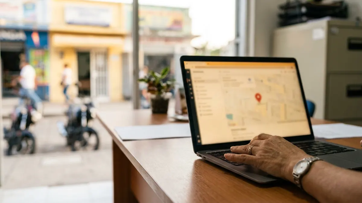 Laptop mostrando un mapa con la ubicación de un negocio marcada, sobre un escritorio de oficina pequeña