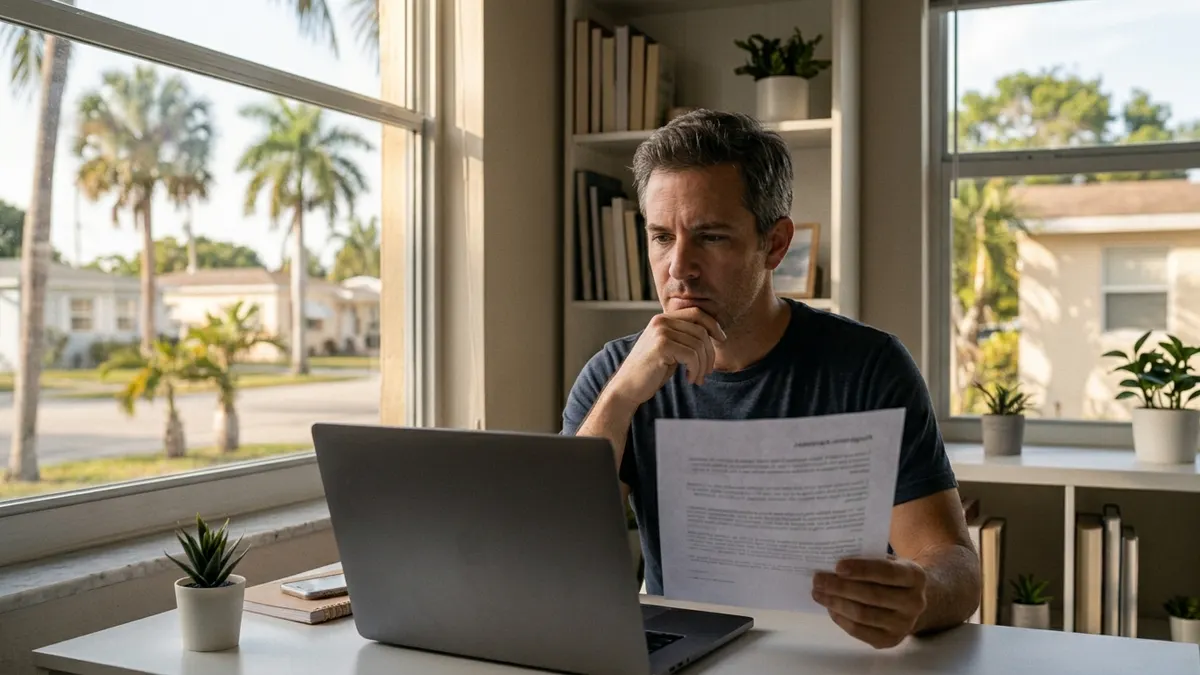 Small business owner in Miami thoughtfully reviewing a digital services quote on his laptop