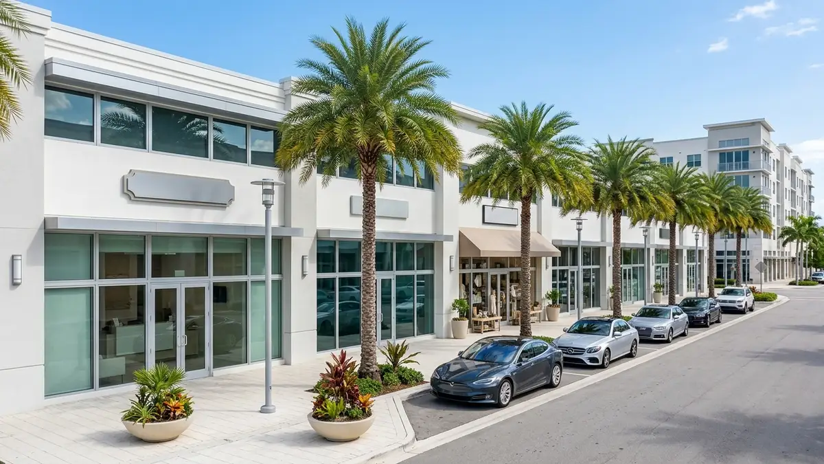 Upscale, palm-lined commercial strip in Miami-Dade with modern glass-front storefronts
