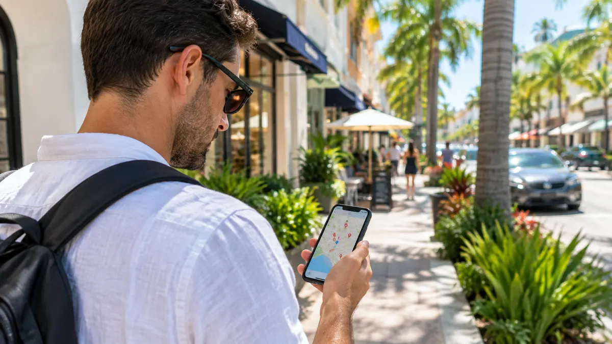 Person searching for a business on their phone while walking down a commercial street in Miami