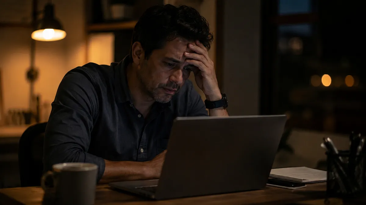 Dueño de negocio frustrado frente a su computador porque su página web no genera clientes