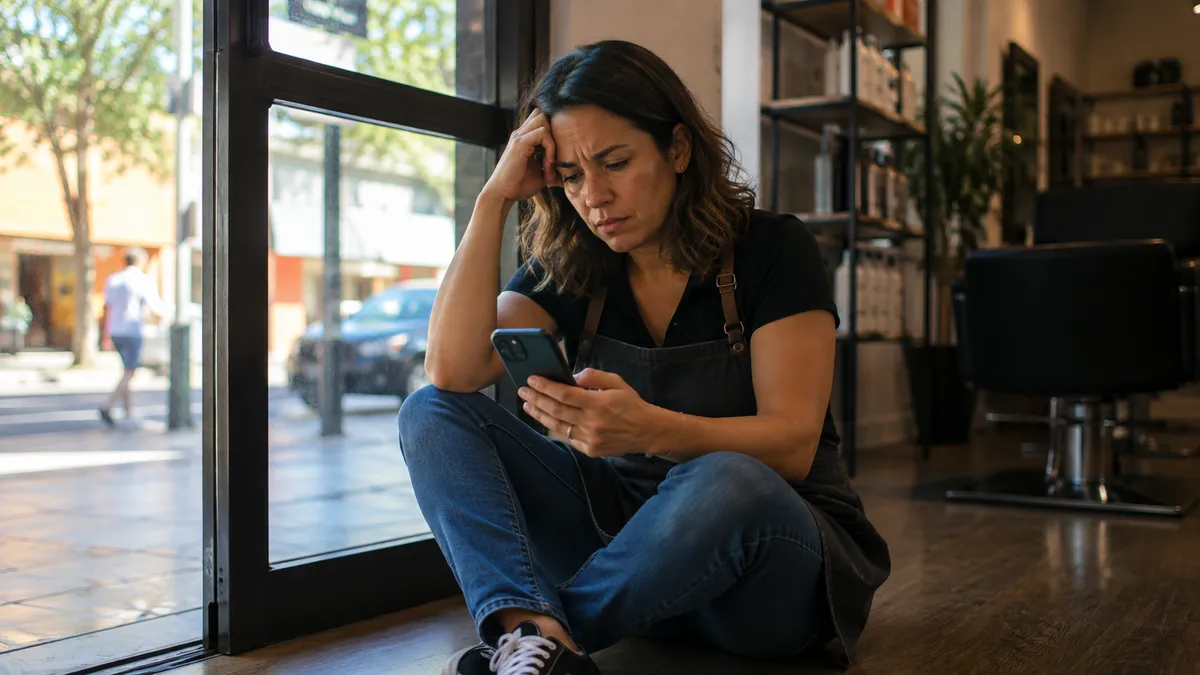 Emprendedora preocupada mirando su celular en un local vacío por depender solo de Instagram