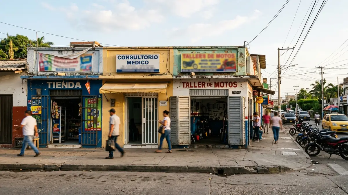 Calle comercial colombiana con negocios de distintos sectores lado a lado: consultorio médico, taller de motos y tienda de barrio