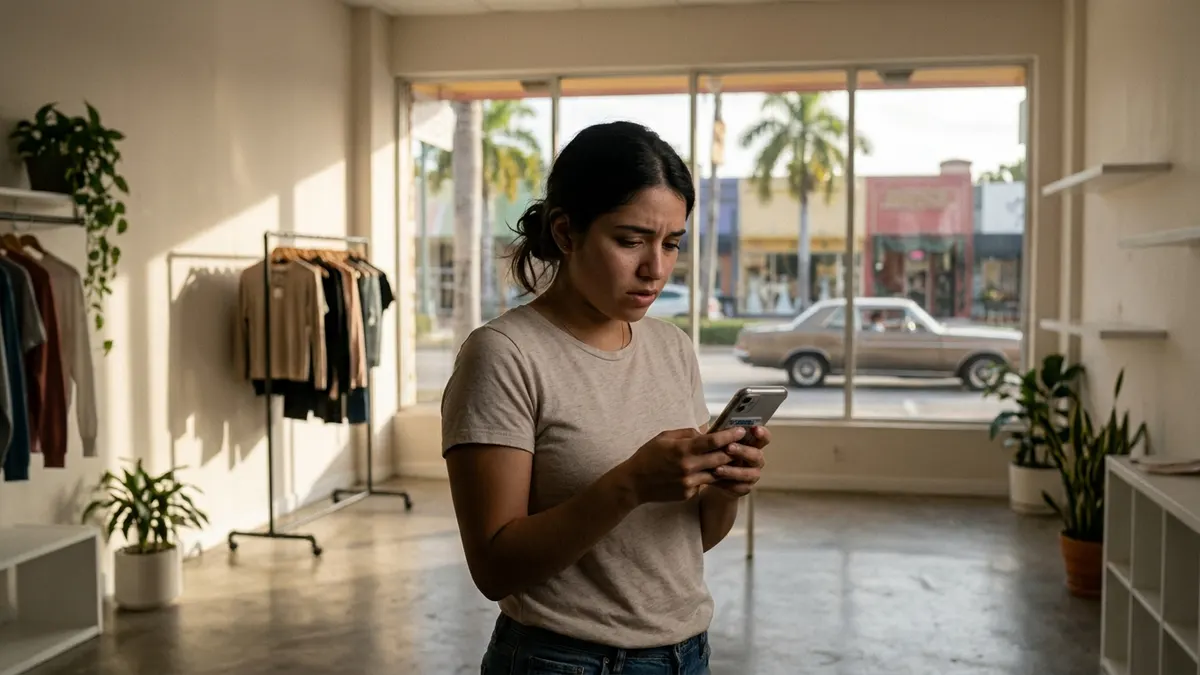 Worried Miami small business owner checking her phone inside her mostly empty shop, realizing how much she depends on Instagram