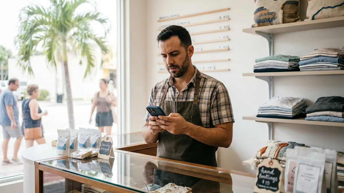 Miami small business owner behind the counter checking his phone, unsure where his customers are actually coming from