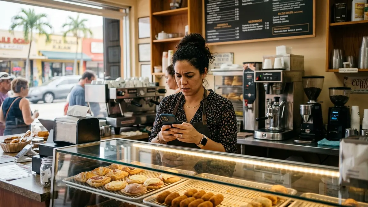 Small business owner worriedly checking unanswered WhatsApp messages behind the counter of a Cuban cafeteria on Calle Ocho, Miami