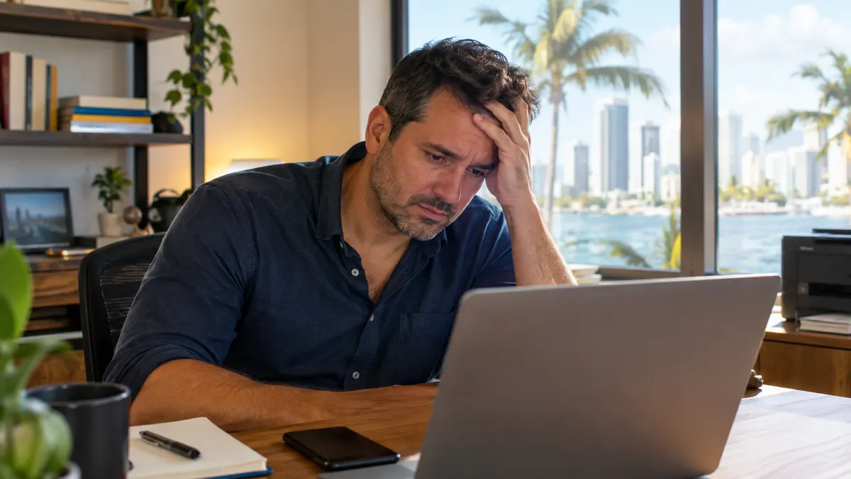 Frustrated Miami business owner staring at his laptop because his website isn't bringing in any clients
