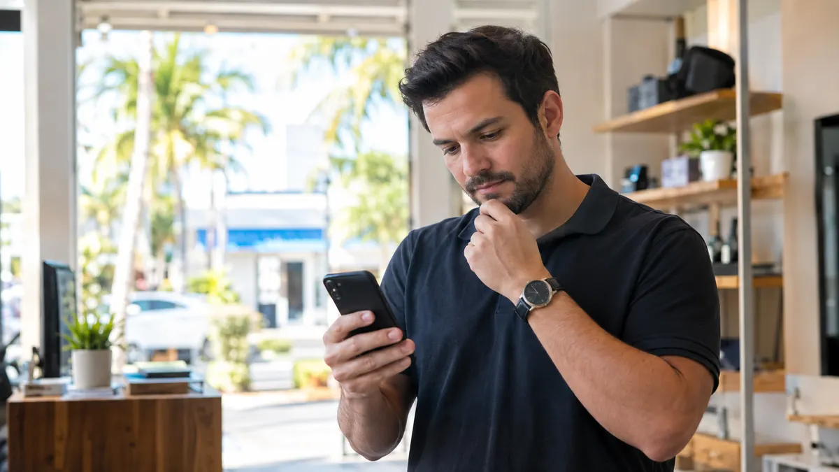 Small business owner in Miami looking at his phone, deciding whether to reach out to a customer again